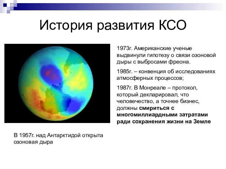 История развития КСО В 1957г. над Антарктидой открыта озоновая дыра 1973г.