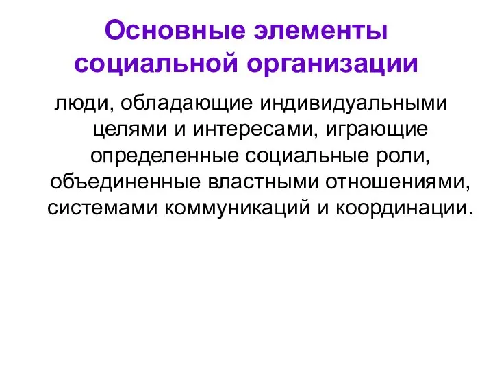 Основные элементы социальной организации люди, обладающие индивидуальными целями и интересами, играющие