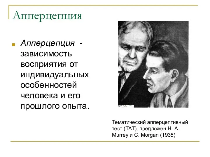 Апперцепция Апперцепция - зависимость восприятия от индивидуальных особенностей человека и его