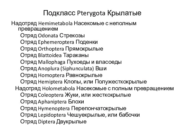 Подкласс Pterygota Крылатые Надотряд Hemimetabola Насекомые с неполным превращением Отряд Odonata