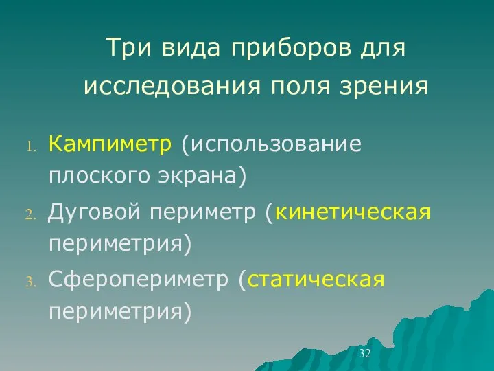 Три вида приборов для исследования поля зрения Кампиметр (использование плоского экрана)