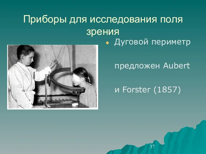 Приборы для исследования поля зрения Дуговой периметр предложен Aubert и Forster (1857)