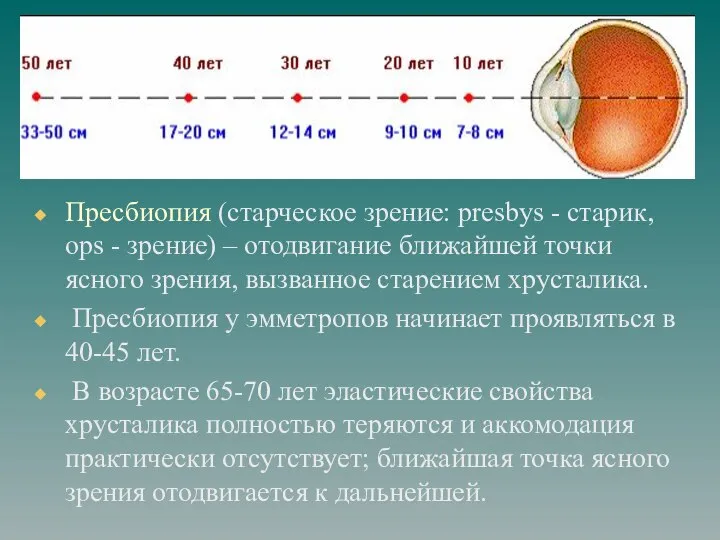 ПРЕСБИОПИЯ Пресбиопия (старческое зрение: presbys - старик, ops - зрение) –