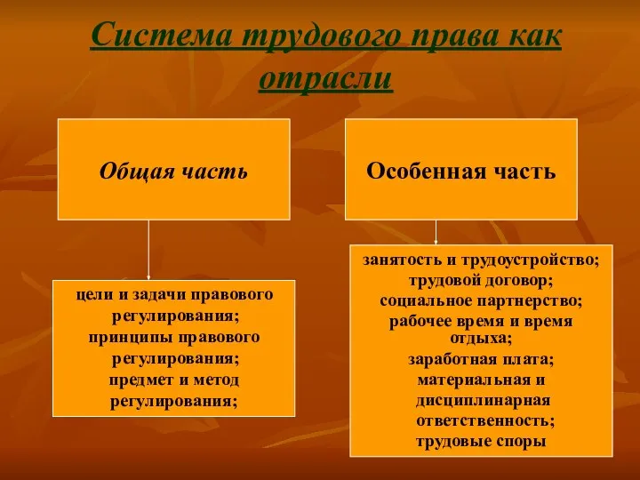 Система трудового права как отрасли Общая часть Особенная часть цели и