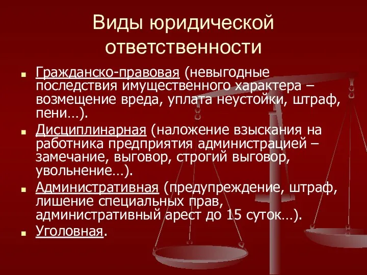 Виды юридической ответственности Гражданско-правовая (невыгодные последствия имущественного характера – возмещение вреда,