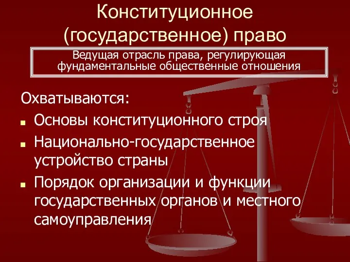 Конституционное (государственное) право Охватываются: Основы конституционного строя Национально-государственное устройство страны Порядок