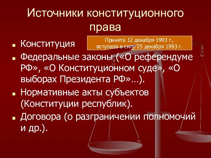 Источники конституционного права Конституция Федеральные законы («О референдуме РФ», «О Конституционном