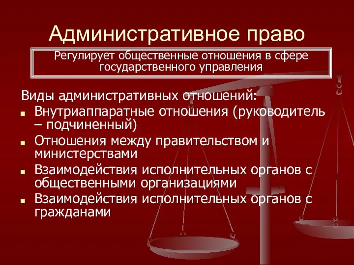 Административное право Виды административных отношений: Внутриаппаратные отношения (руководитель – подчиненный) Отношения