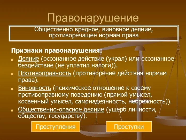 Правонарушение Признаки правонарушения: Деяние (осознанное действие (украл) или осознанное бездействие (не