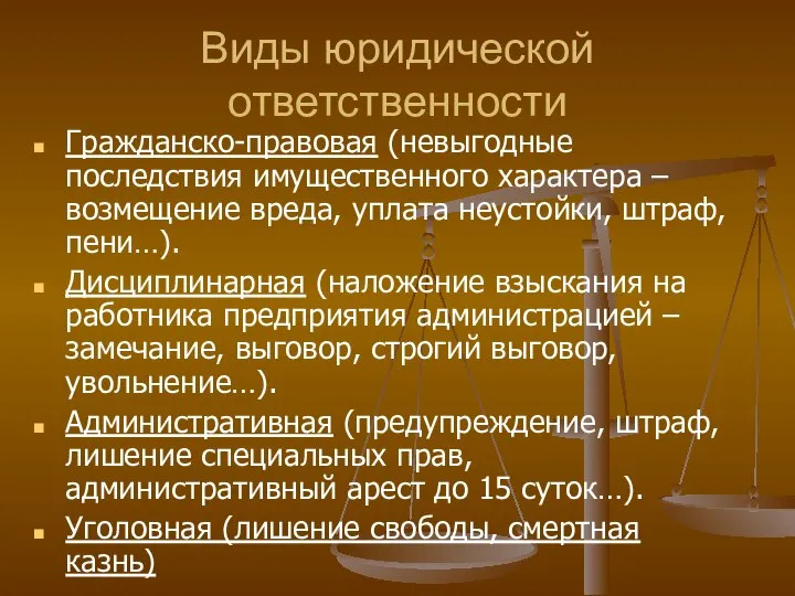 Виды юридической ответственности Гражданско-правовая (невыгодные последствия имущественного характера – возмещение вреда,