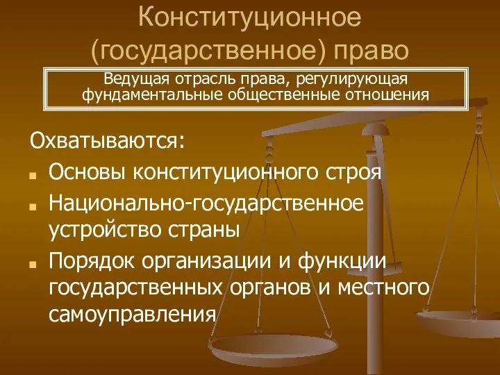 Конституционное (государственное) право Охватываются: Основы конституционного строя Национально-государственное устройство страны Порядок