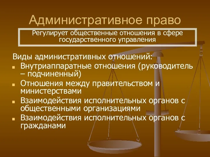 Административное право Виды административных отношений: Внутриаппаратные отношения (руководитель – подчиненный) Отношения