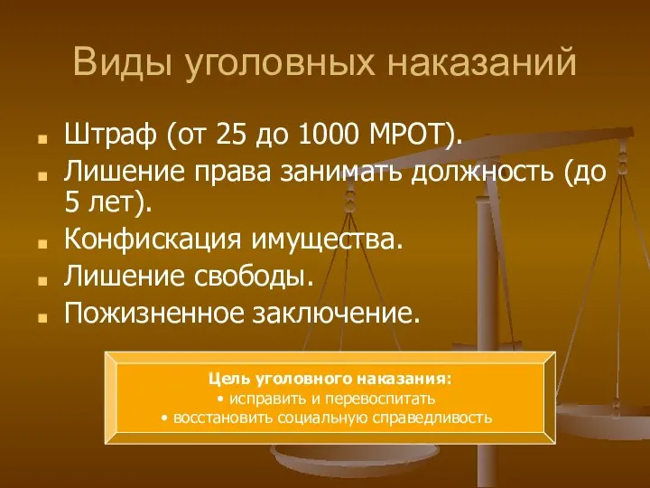 Виды уголовных наказаний Штраф (от 25 до 1000 МРОТ). Лишение права