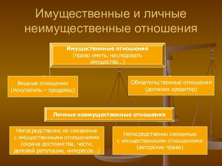 Имущественные и личные неимущественные отношения Имущественные отношения (право иметь, наследовать имущество…)