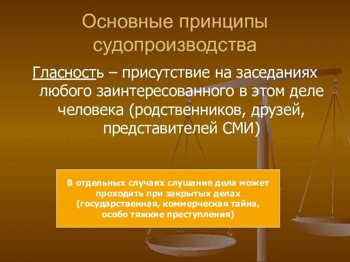 Основные принципы судопроизводства Гласность – присутствие на заседаниях любого заинтересованного в