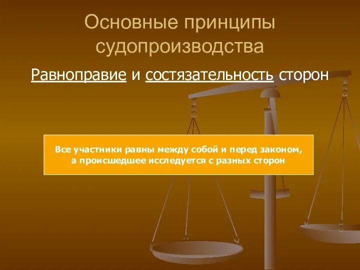 Основные принципы судопроизводства Равноправие и состязательность сторон Все участники равны между