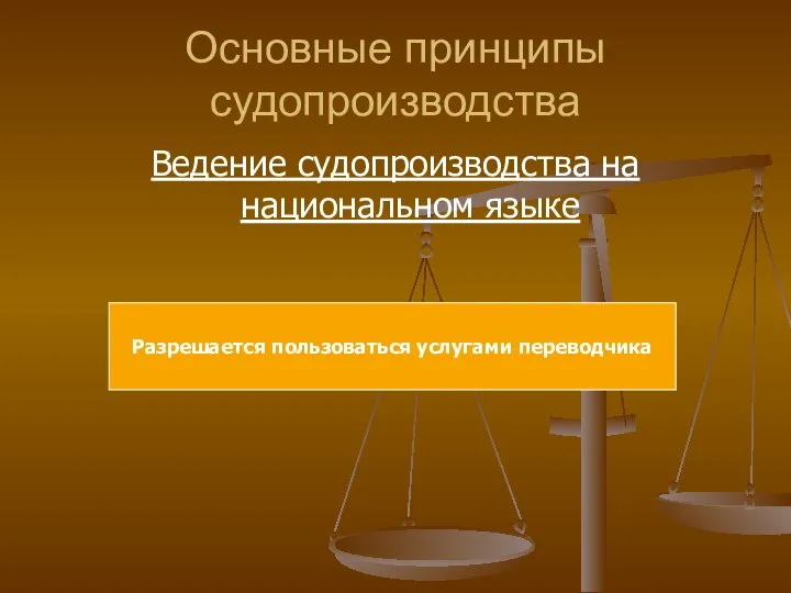 Основные принципы судопроизводства Ведение судопроизводства на национальном языке Разрешается пользоваться услугами переводчика