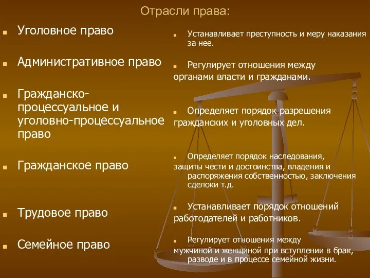 Отрасли права: Уголовное право Административное право Гражданско-процессуальное и уголовно-процессуальное право Гражданское