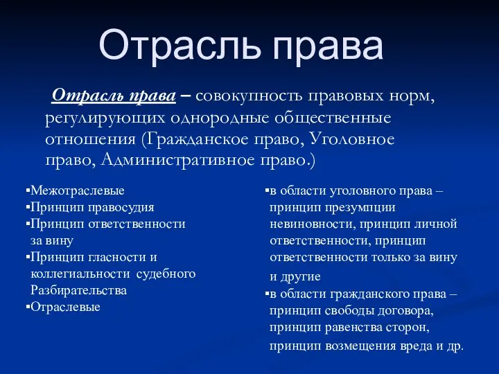 Отрасль права Отрасль права – совокупность правовых норм, регулирующих однородные общественные