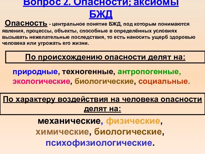 Вопрос 2. Опасности; аксиомы БЖД Опасность - центральное понятие БЖД, под