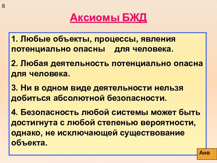 Аксиомы БЖД 1. Любые объекты, процессы, явления потенциально опасны для человека.