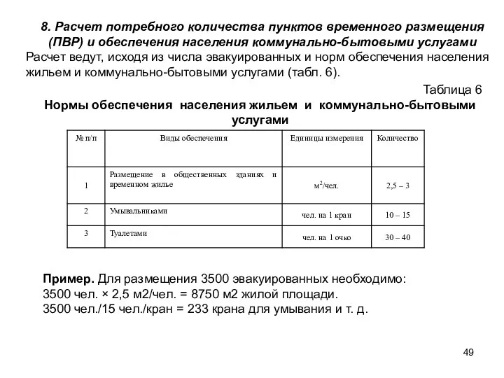 8. Расчет потребного количества пунктов временного размещения (ПВР) и обеспечения населения