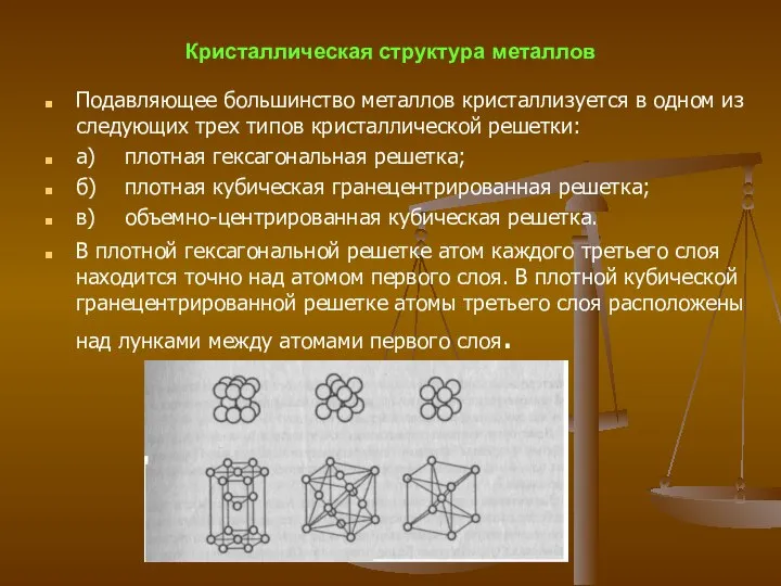 Кристаллическая структура металлов Подавляющее большинство металлов кристаллизуется в одном из следующих