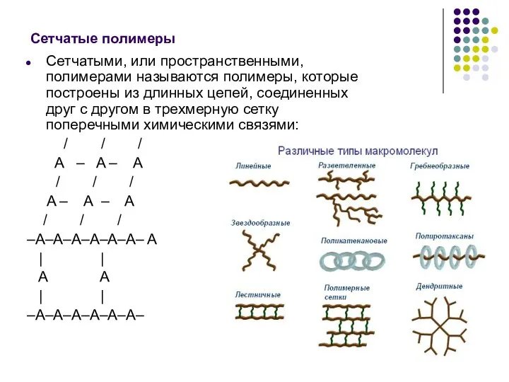 Сетчатые полимеры Сетчатыми, или пространственными, полимерами называются полимеры, которые построены из