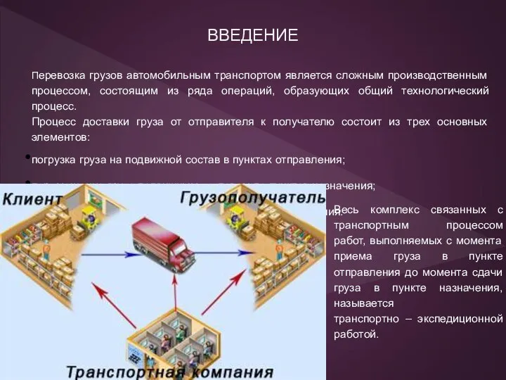 ВВЕДЕНИЕ Перевозка грузов автомобильным транспортом является сложным производственным процессом, состоящим из