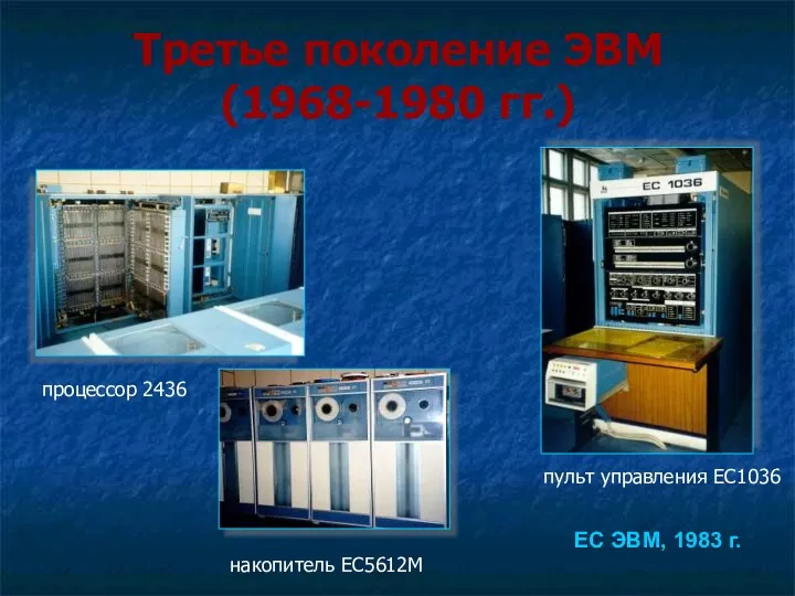 Третье поколение ЭВМ (1968-1980 гг.) ЕС ЭВМ, 1983 г. накопитель ЕС5612М процессор 2436 пульт управления ЕС1036