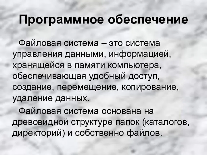 Программное обеспечение Файловая система – это система управления данными, информацией, хранящейся