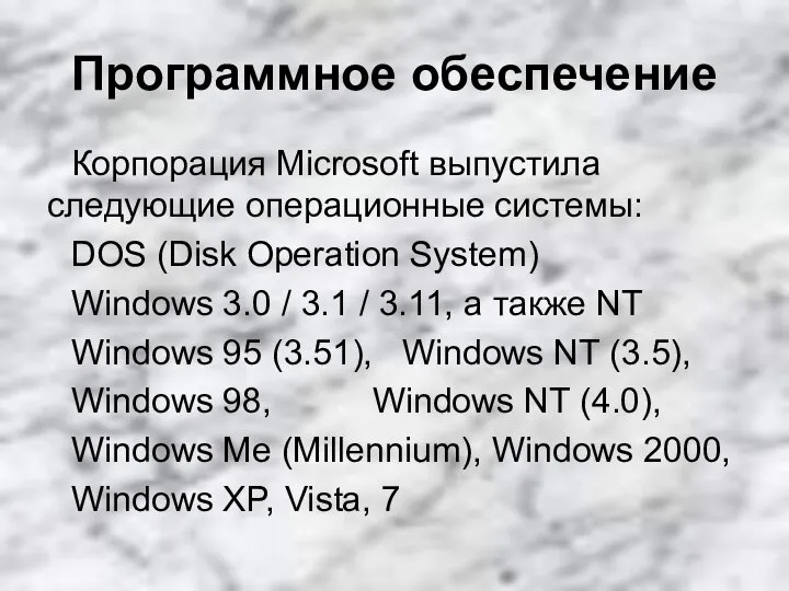 Программное обеспечение Корпорация Microsoft выпустила следующие операционные системы: DOS (Disk Operation