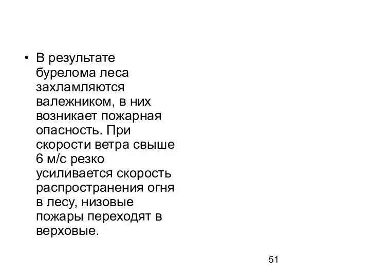 В результате бурелома леса захламляются валежником, в них возникает пожарная опасность.