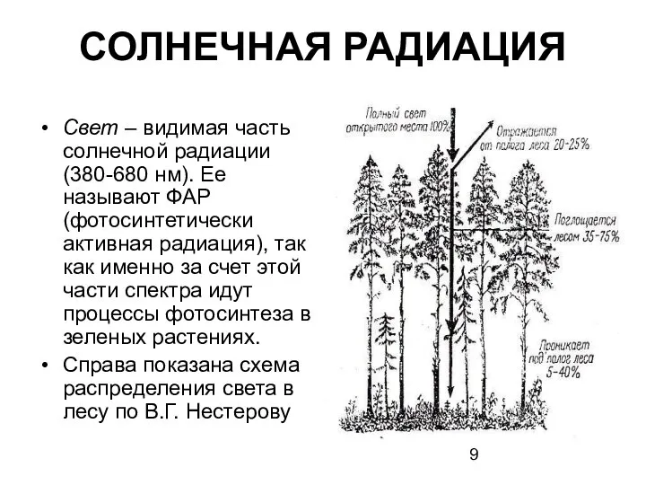 СОЛНЕЧНАЯ РАДИАЦИЯ Свет – видимая часть солнечной радиации (380-680 нм). Ее