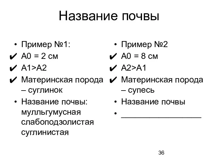 Название почвы Пример №1: А0 = 2 см А1>А2 Материнская порода