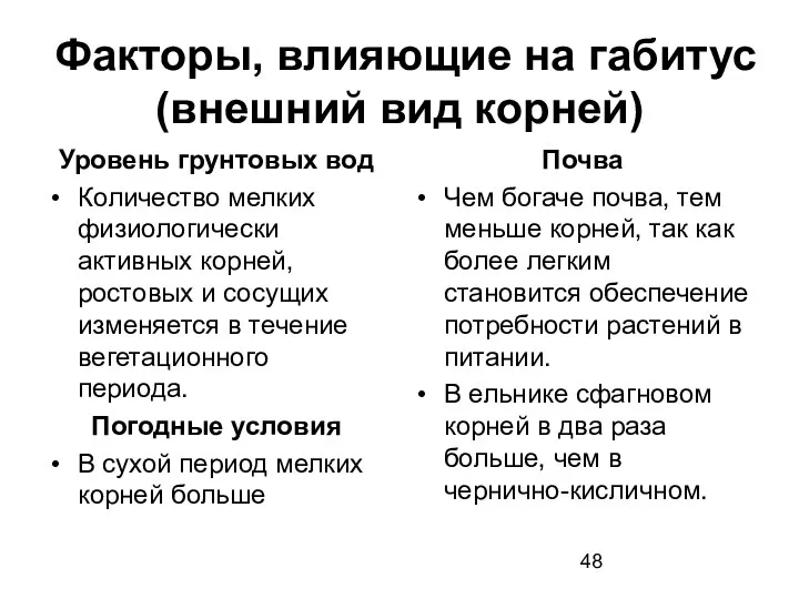 Факторы, влияющие на габитус (внешний вид корней) Уровень грунтовых вод Количество