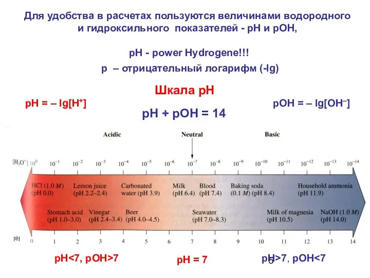 Для удобства в расчетах пользуются величинами водородного и гидроксильного показателей -
