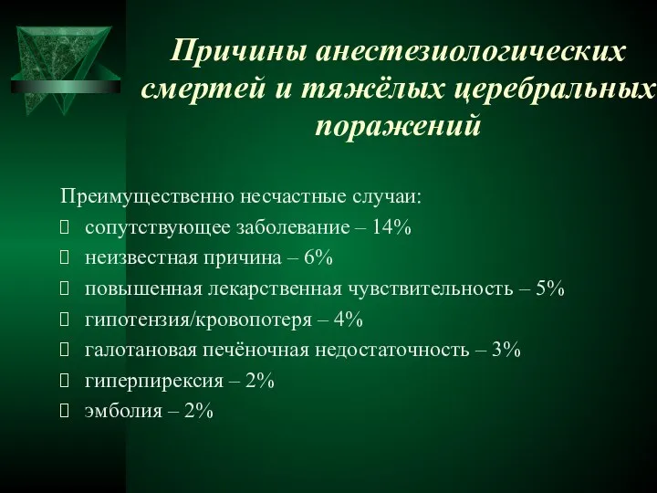 Причины анестезиологических смертей и тяжёлых церебральных поражений Преимущественно несчастные случаи: сопутствующее