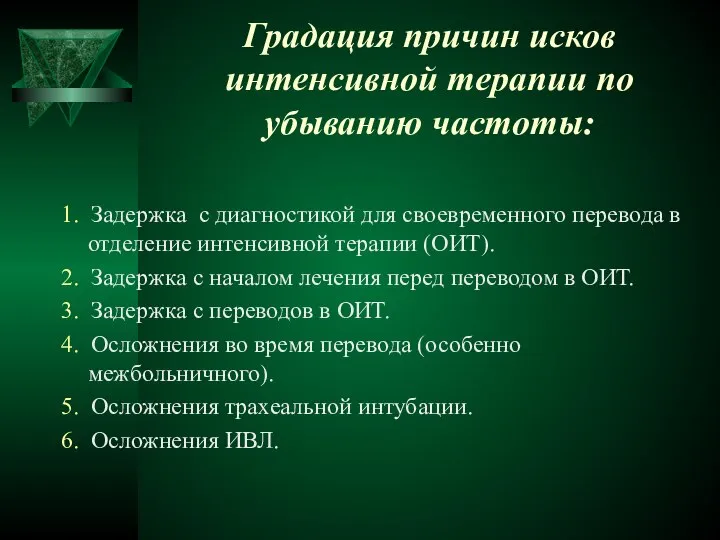 Градация причин исков интенсивной терапии по убыванию частоты: 1. Задержка с