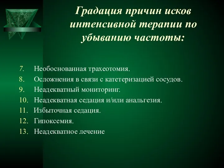 Градация причин исков интенсивной терапии по убыванию частоты: 7. Необоснованная трахеотомия.