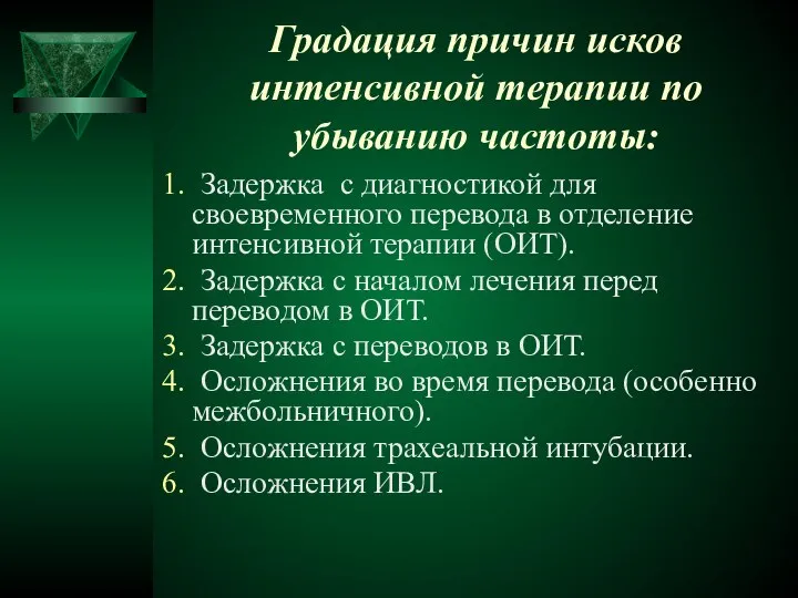 Градация причин исков интенсивной терапии по убыванию частоты: 1. Задержка с