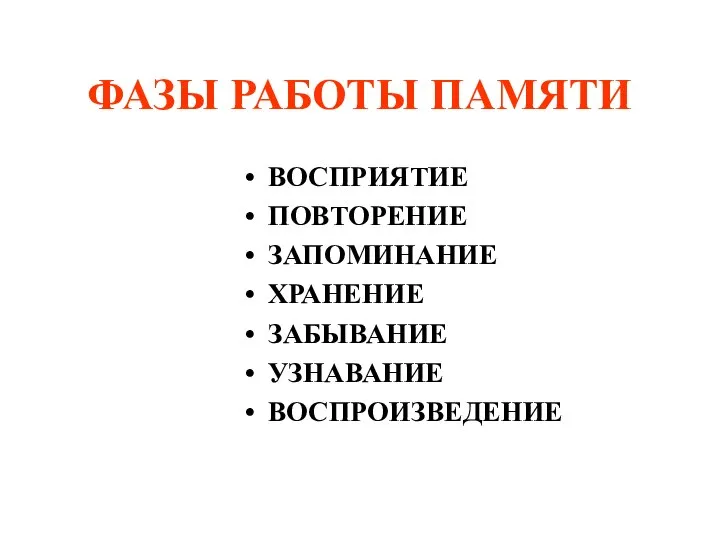 ФАЗЫ РАБОТЫ ПАМЯТИ ВОСПРИЯТИЕ ПОВТОРЕНИЕ ЗАПОМИНАНИЕ ХРАНЕНИЕ ЗАБЫВАНИЕ УЗНАВАНИЕ ВОСПРОИЗВЕДЕНИЕ