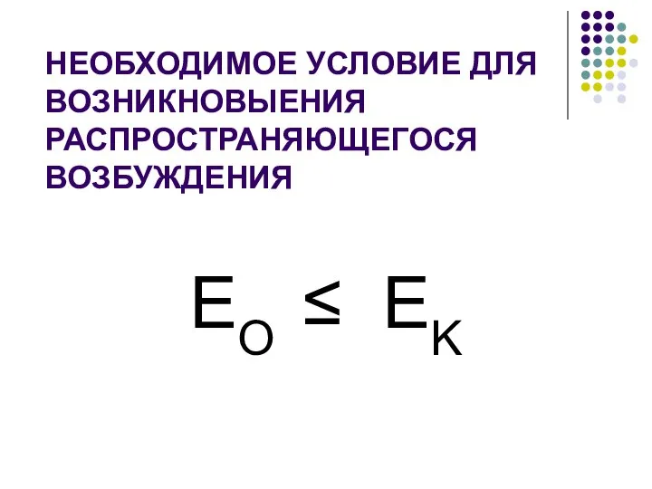 НЕОБХОДИМОЕ УСЛОВИЕ ДЛЯ ВОЗНИКНОВЫЕНИЯ РАСПРОСТРАНЯЮЩЕГОСЯ ВОЗБУЖДЕНИЯ ЕО ≤ ЕK