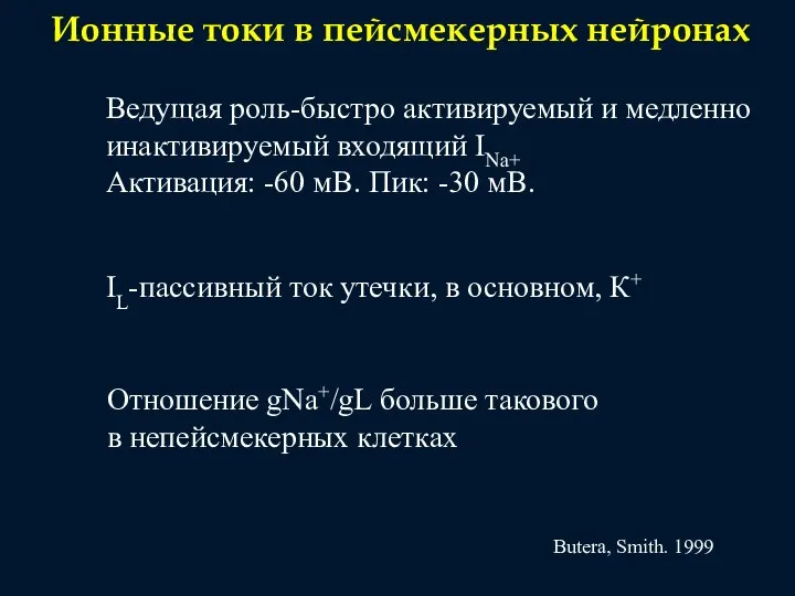 Ионные токи в пейсмекерных нейронах Ведущая роль-быстро активируемый и медленно инактивируемый