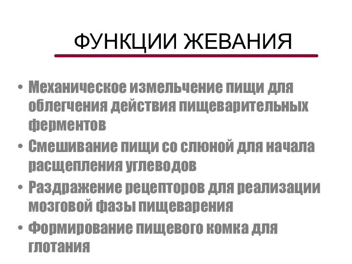 ФУНКЦИИ ЖЕВАНИЯ Механическое измельчение пищи для облегчения действия пищеварительных ферментов Смешивание