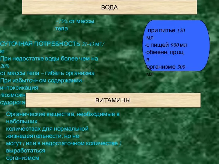 ВОДА ~73% от массы тела СУТОЧНАЯ ПОТРЕБНОСТЬ 21-43 мг/ кг -при