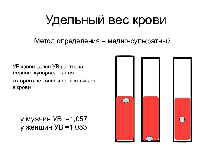 Удельный вес крови Метод определения – медно-сульфатный УВ крови равен УВ