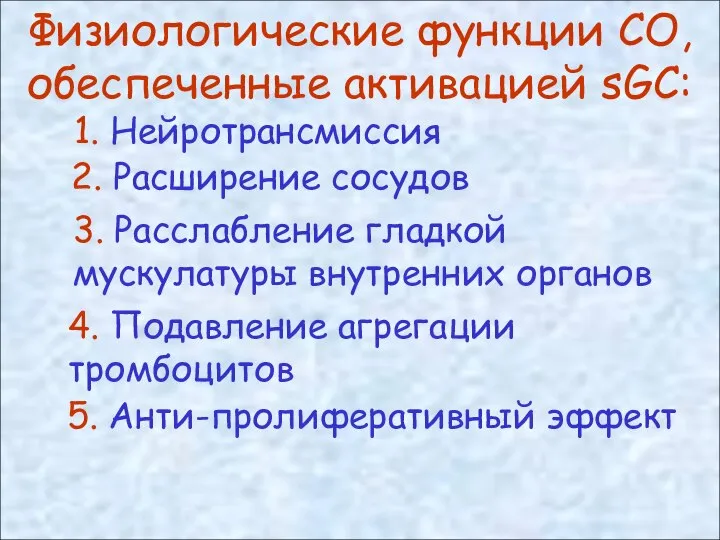 Физиологические функции СО, обеспеченные активацией sGC: 1. Нейротрансмиссия 2. Расширение сосудов