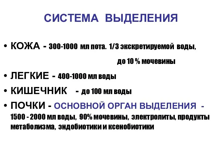 СИСТЕМА ВЫДЕЛЕНИЯ КОЖА - 300-1000 мл пота. 1/3 экскретируемой воды, до