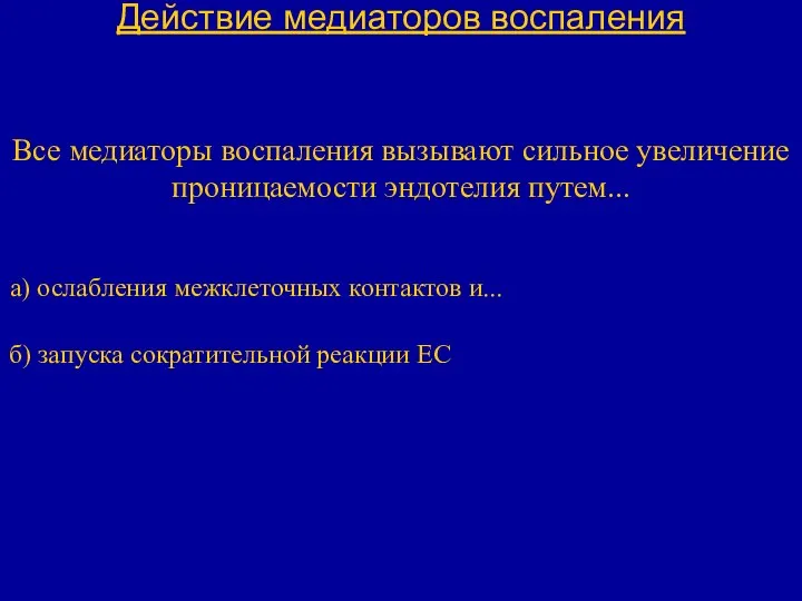 Действие медиаторов воспаления Все медиаторы воспаления вызывают сильное увеличение проницаемости эндотелия